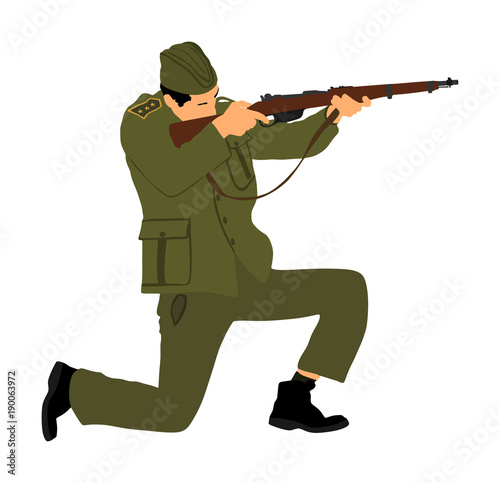 Red army soldier vector. American soldier with rifle. Partisan against Nazi Germany in WW2. Fierce struggle in occupied Europe. Soviet troops against aggressors in battle.