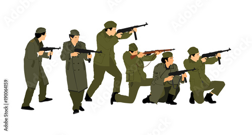 Red army soldiers, American soldiers, Partisans against Nazi Germany in WW2 vector. Fierce struggle in occupied Europe. Soviet troops against aggressors in battle.