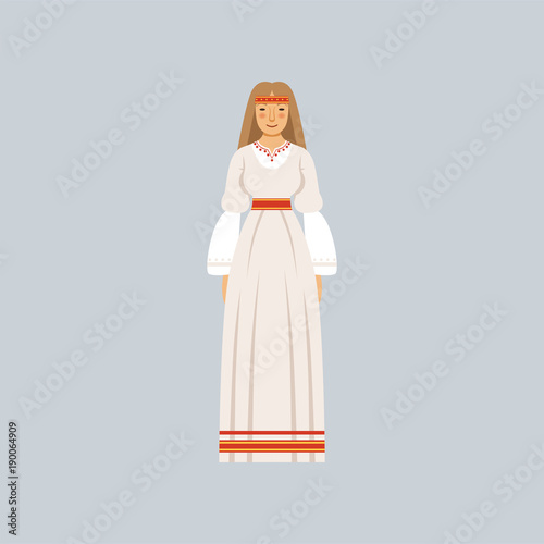 Young woman in traditional Slavic or pagan costume, representative of religious confession vector Illustration