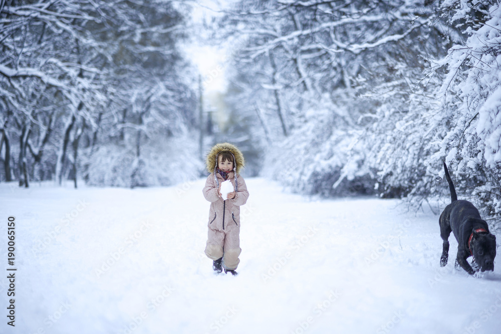 A child walks with a dog on a snowy forest A child walks with a dog on a snowy forest