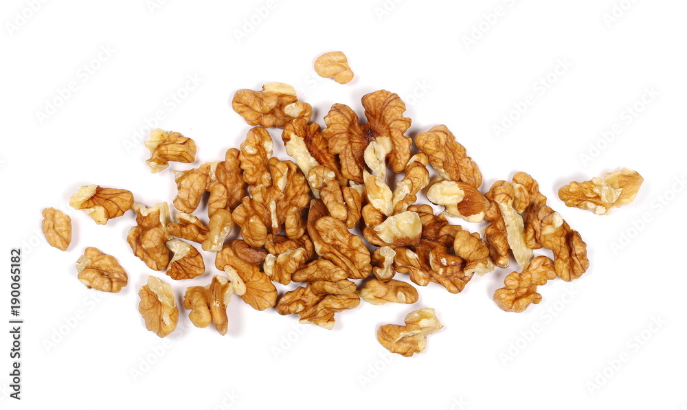Walnut kernels, pile isolated on white background, top view Walnut kernels, pile isolated on white background, top view