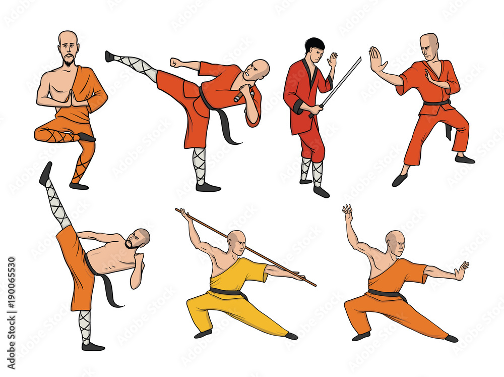 Shaolin monks practicing kung fu. Martial art. Vector illustration set,  isolated on white background. Stock ベクター | Adobe Stock