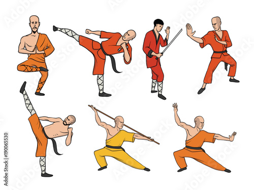 Shaolin monks practicing kung fu. Martial art. Vector illustration set, isolated on white background.