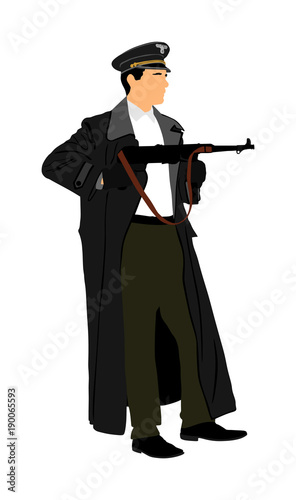 Nazi Germany soldier with rifle vector illustration. SS officer in battle. WW2 warrior in occupied Europe.