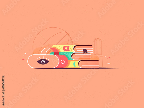 Virtual reality concept illustrated future of VR. Online education. Vector illustration in flat style with grain texture