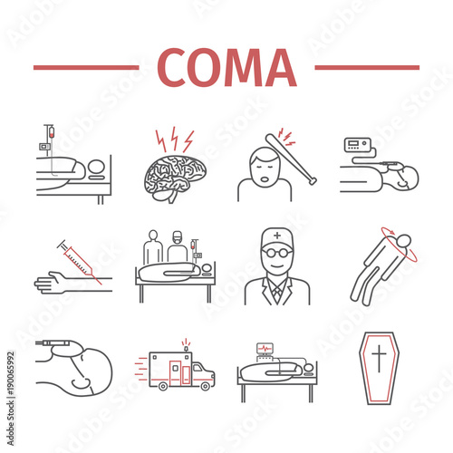 Man in a coma. Hospital bed. Infographic line icons. Vector