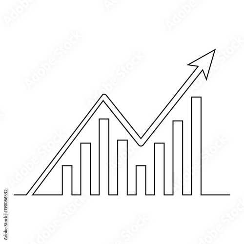 Continuous line drawing of graph icon isolated on white background. Growing chart image with arrow up. Vector illustration for banner, template, poster, postcard, web, app, infographics.