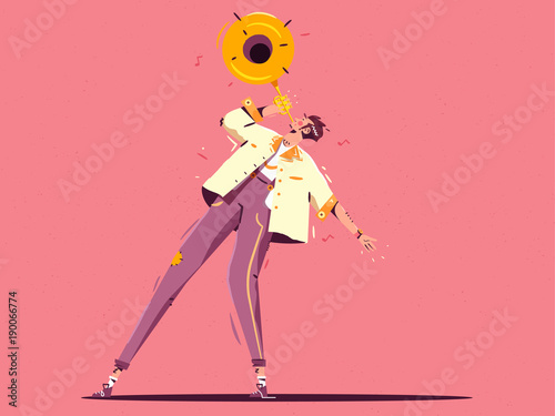 Colorful jazz illustration. Man walking with trumpet. Vector illustration in flat style with grain texture