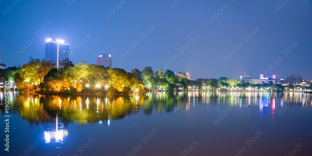 Lake of the Restored Sword (Hoan Kiem Lake) at night in Hanoi, Vietnam