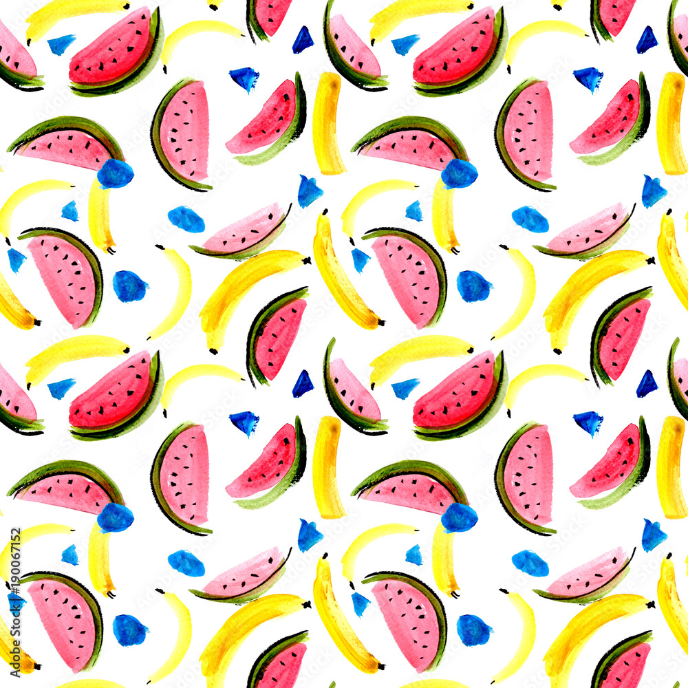 Naklejka premium Seamless watercolor pattern with bananas and watermelon slices