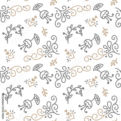 Seamless pattern with hand painted leaves in Scandinavian style on a white background. Vector illustration Valentines Day, wedding, birthday greeting card
