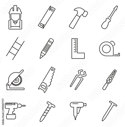 Carpenter or Woodworker or Handyman Icons Thin Line Vector Illustration Set