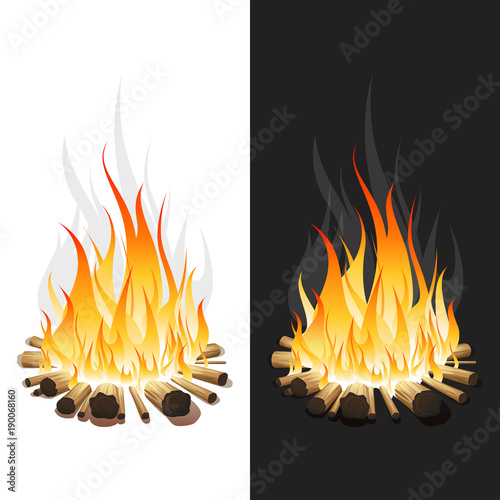 Illustration of Burning Bonfire with Wood on White and Black Background