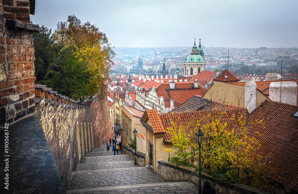 Top view to red tile roofs. Prague old town panorama, Czech Republic. 