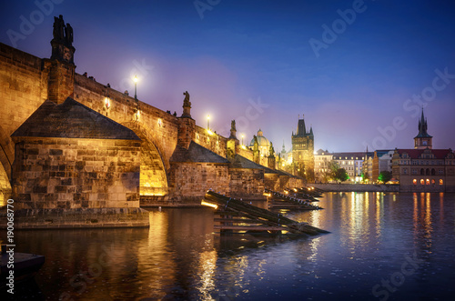 It's evening in the city of Prague. View of the Charles bridge. Czech Republic.