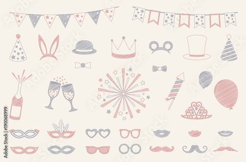 Party icons - hand drawn sketch. Carnival, photo booth and birthday party. Vector.