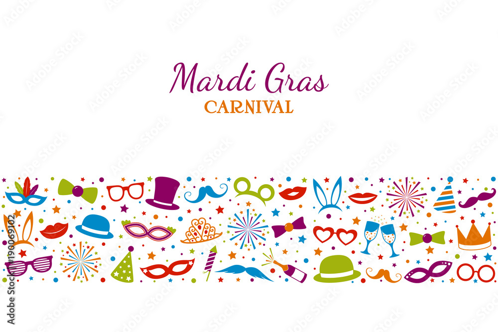 Mardi Gras - colourful banner with party icons. Vector.