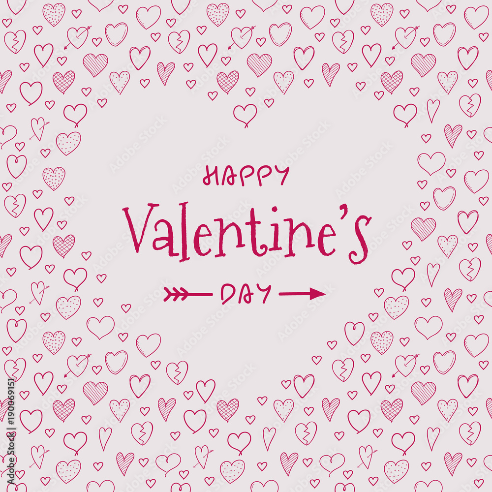 Valentine's Day - card with cute hand drawn hearts and greeting. Vector.