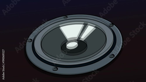 2D Animated background, one active black speaker plays music. Animation looped.