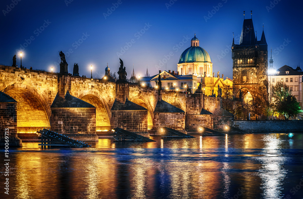 It's evening in the city of Prague. View of the Charles bridge. Czech Republic.