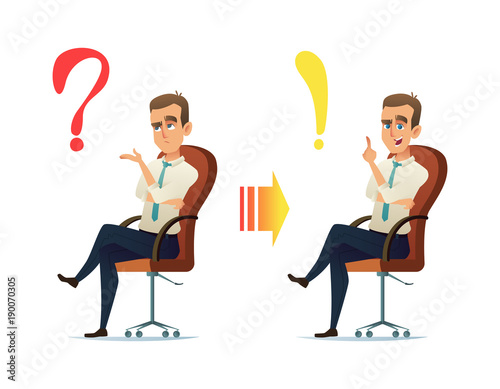 Concept illustration of the young businessman character thinking. The question always has an answer.