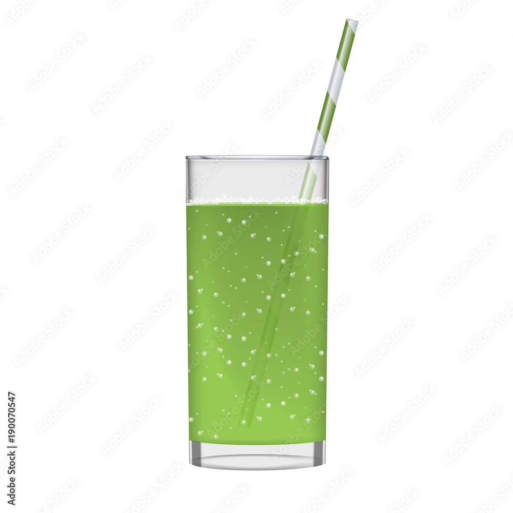 Green juice with smoothie glass and sparkling bubbles. Fruit organic drink. Transparent photo realistic illustration.