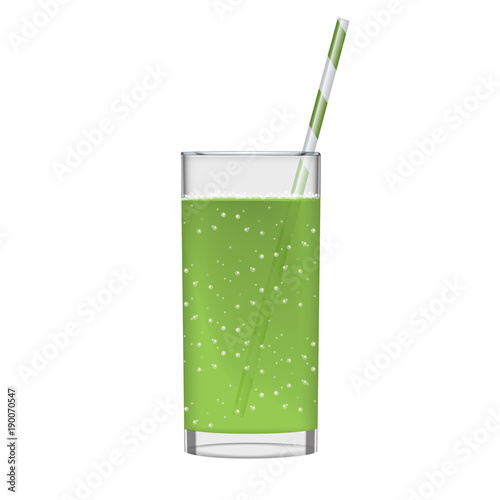 Green juice with smoothie glass and sparkling bubbles. Fruit organic drink. Transparent photo realistic illustration.