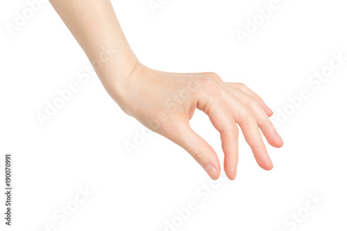Fényképezés Closeup female hand making picking gesture isolated at white background