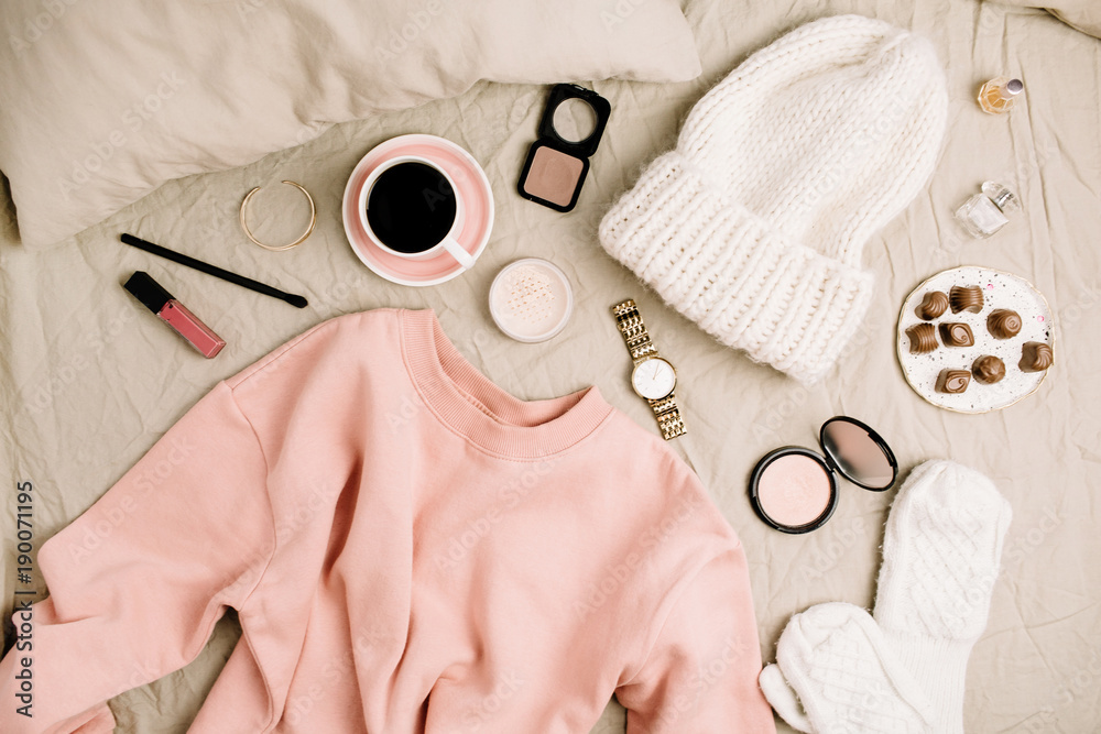 Female fashion look with stylish clothes and accessories. Beauty blog flat  lay, top view composition with sweatshirt, cosmetics and coffee. Stock  Photo | Adobe Stock