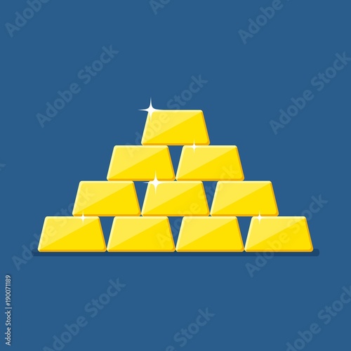 Golden bars pyramid isolated on blue background. Gold bar in flat style. Vector illustration