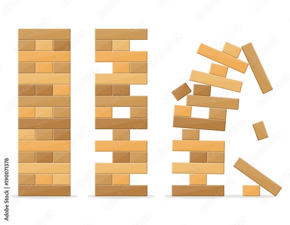 Tower games for kids and adults on white background. Wooden block stack balance risk puzzle toy. Tower balance game. Take and put process. Gambling placing block stack on a tower. Vector illustration