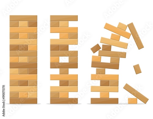 Tower games for kids and adults on white background. Wooden block stack balance risk puzzle toy. Tower balance game. Take and put process. Gambling placing block stack on a tower. Vector illustration