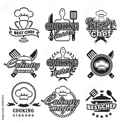Kitchen classes labels. Food and Cooking silhouette logo.