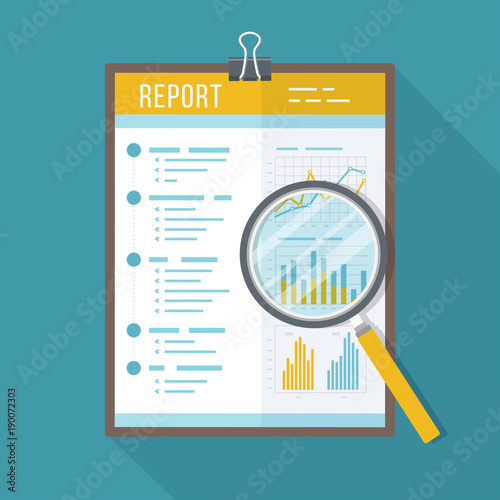 Business report, paper document with magnifying glass.  Isolated icon with long shadow. Charts graphs on a paper. Accounting, analysis, research, planning, audit, report, management. Vector photo