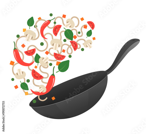 Stir fry. Cooking process vector illustration. Flipping Asian noodles in a pan. Cartoon style. Flat