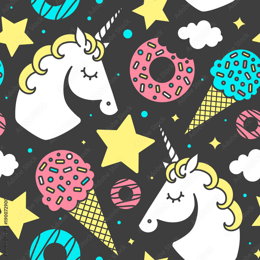 Naklejka premium Seamless pattern with unicorn on black background. Vector cute character