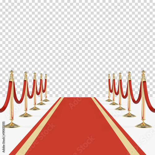 Red carpet with red ropes on golden stanchions