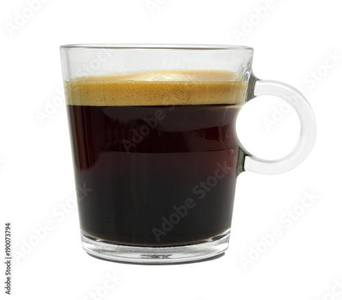 Espresso glass cup fill with fresh coffee isolated on white