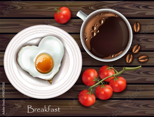 Vector realistic breakfast egg and coffee. Wooden texture background. Top view