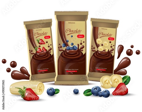 Vector realistic chocolates mock up. product packaging label design. blueberr...