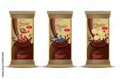 Vector realistic chocolates mock up. product packaging label design. blueberr...