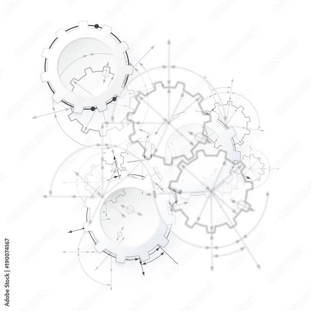 Obraz premium Gears in engagement. Engineering drawing abstract industrial background with a cogwheels.