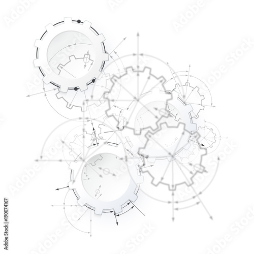 Gears in engagement. Engineering drawing abstract industrial background with a cogwheels.