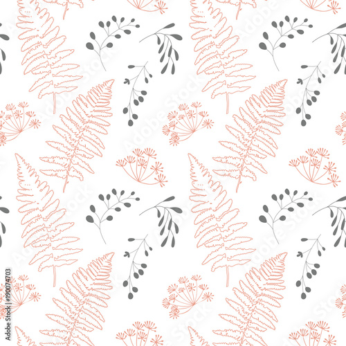 Vector botanical seamless pattern with stylized berries, fern leaves and dill flowers.