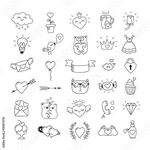 Love symbols and hand drawn Valentines day icons. Love doodles