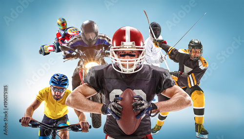 The conceptual multi sports collage with american football, hockey, cyclotourism, fencing, motor sport photo