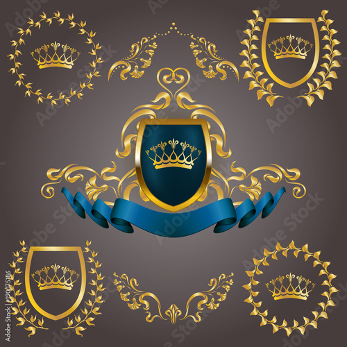 Set of golden royal shields with floral elements, ribbons, laurel wreaths for page, web design. Old frame, border, crown in vintage style for monograms, label, emblem, badge, logo. Illustration EPS10