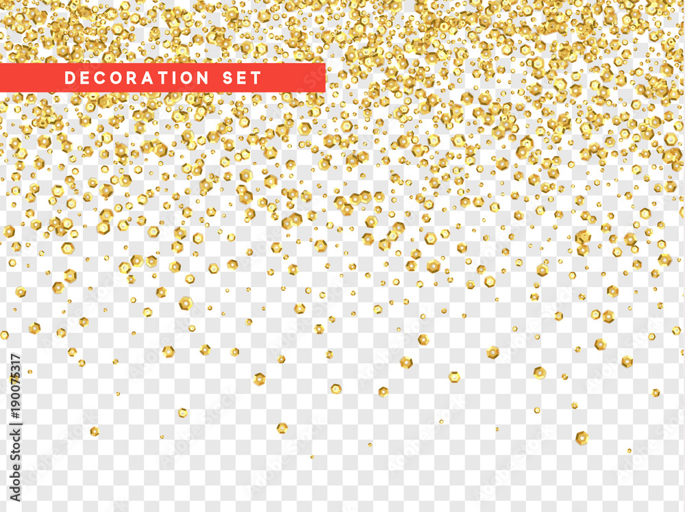Gold sequins texture isolated with transparent background.
