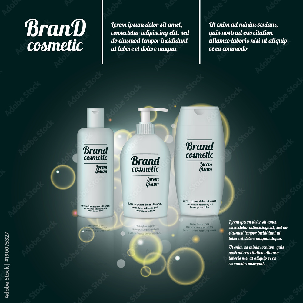 3D realistic cosmetic bottle ads template. Cosmetic brand advertising concept design with bubbles and sparkles 3D realistic cosmetic bottle ads template. Cosmetic brand advertising concept design with bubbles and sparkles