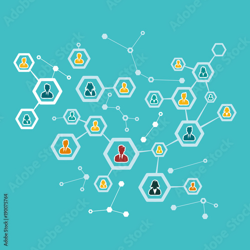 Business leader concept illustration with abstract net and avatar silhouettes. Flat design and punchy pastel colors
